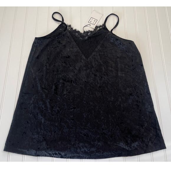 NWT THML Crushed Velvet Lacy Detail Tank Top Black Size Women's Medium - Picture 1 of 7
